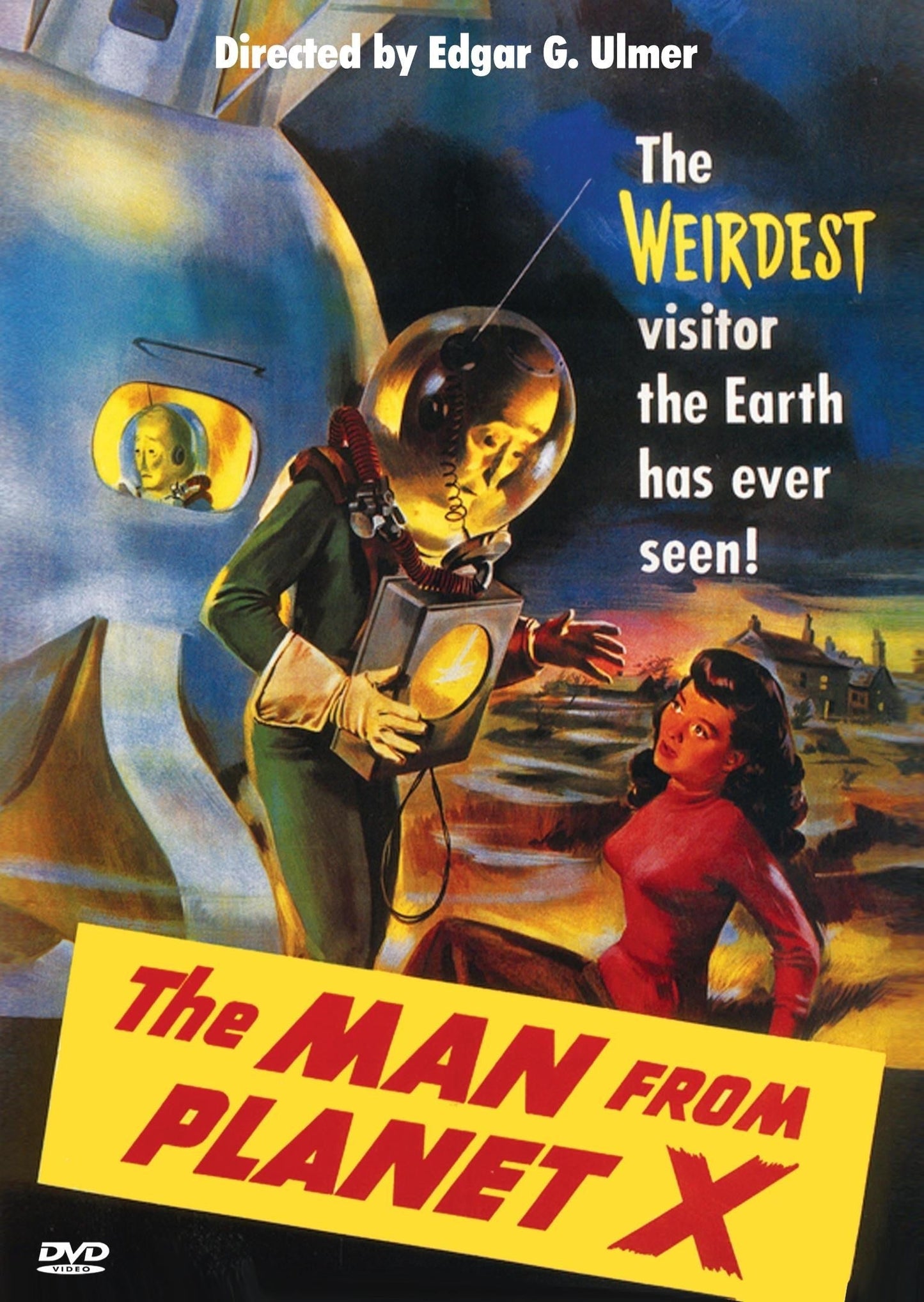 DVD cover of "The Man From Planet X" thriller featuring Robert Clarke and Margaret Field, with sci-fi and vintage design elements.