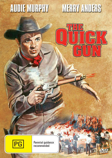 DVD cover of "The Quick Gun" Western featuring Audie Murphy and Merry Anders, with a vintage film poster design.