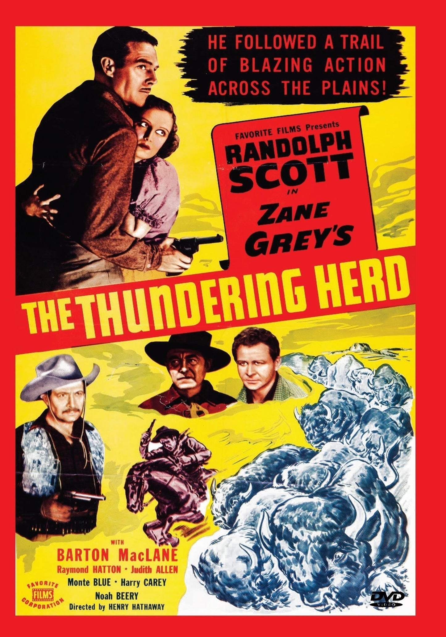 DVD cover of Western film The Thundering Herd starring Randolph Scott and Judith Allen, featuring vintage Western movie artwork.