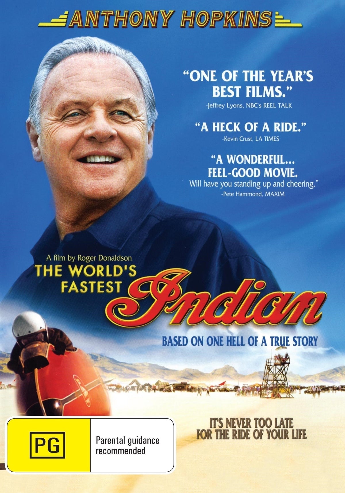 DVD cover of The World's Fastest Indian featuring Anthony Hopkins and Diane Ladd, showcasing the sport drama film.