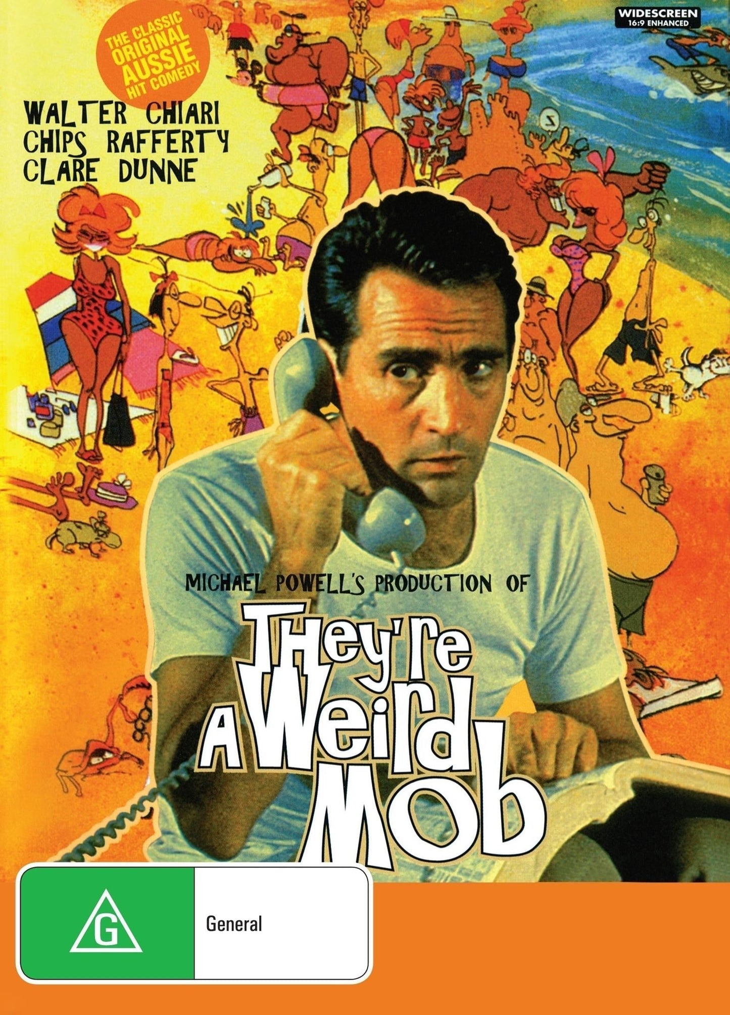 DVD cover of "They're a Weird Mob" comedy featuring Walter Chiari and Claire Dunne, with colorful movie artwork.