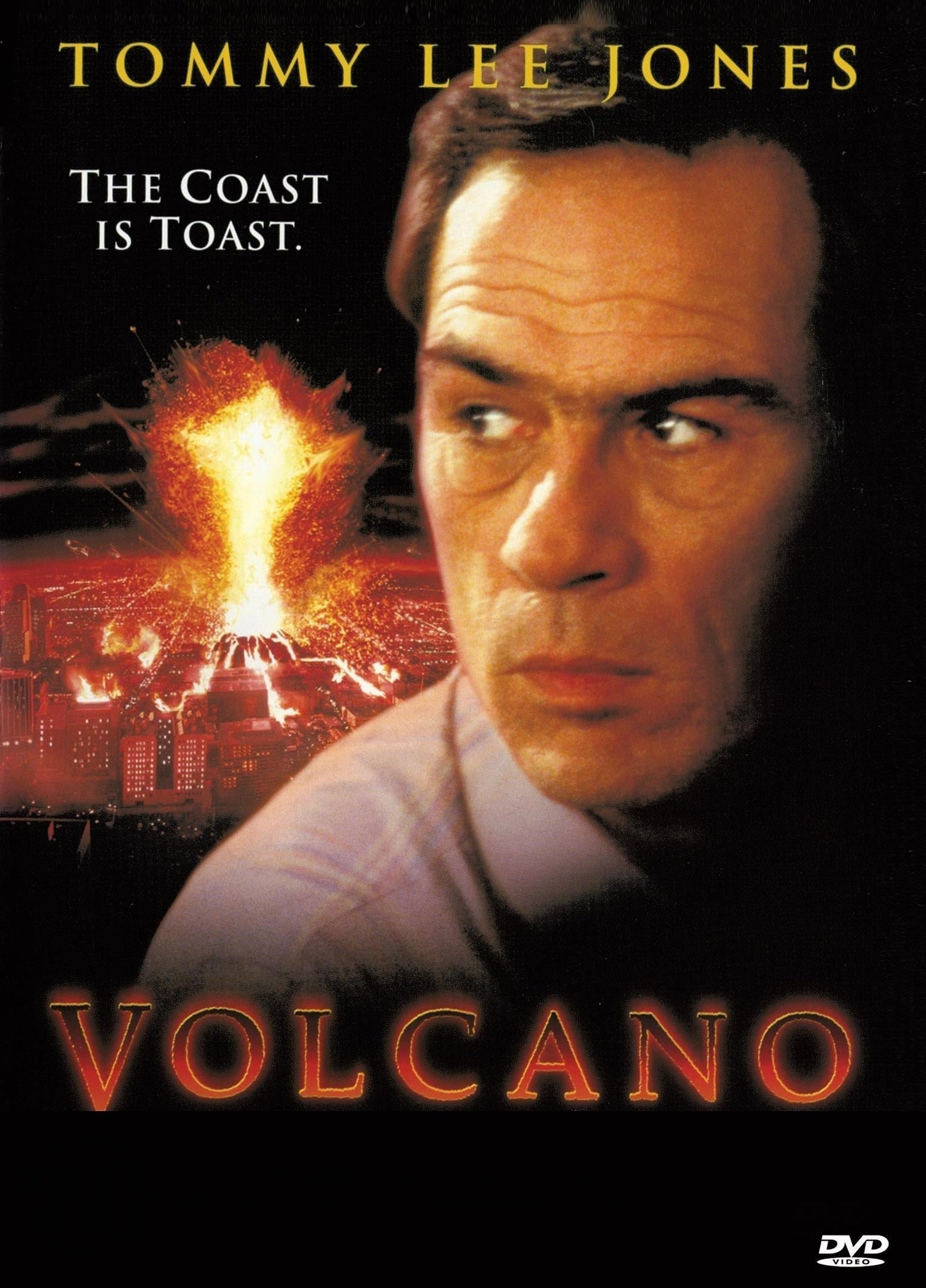 DVD cover of the action movie Volcano featuring Tommy Lee Jones and Anne Heche, with a fiery volcano background.