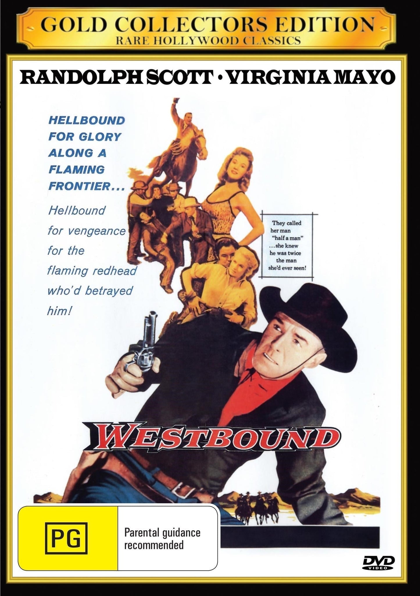 Westbound DVD featuring Randolph Scott and Virginia Mayo, Western film with action scenes and classic western landscape.