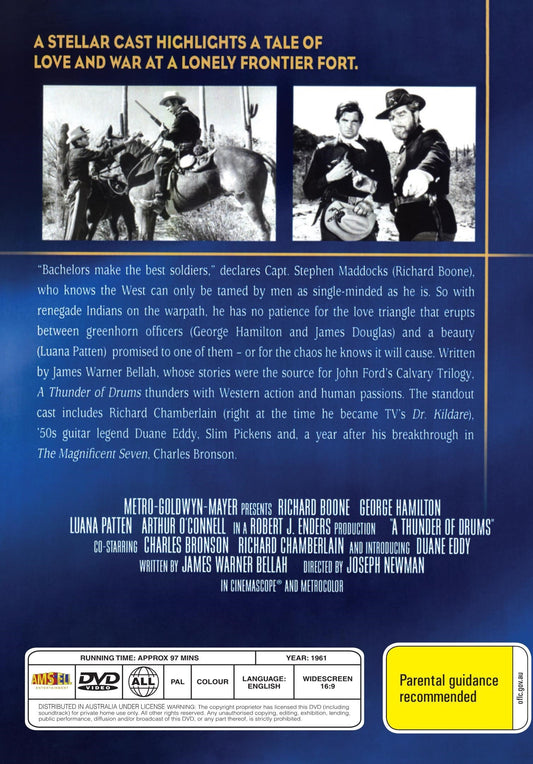 DVD cover of "A Thunder of Drums" drama featuring Richard Boone and George Hamilton, with artwork showing the film's title and cast.