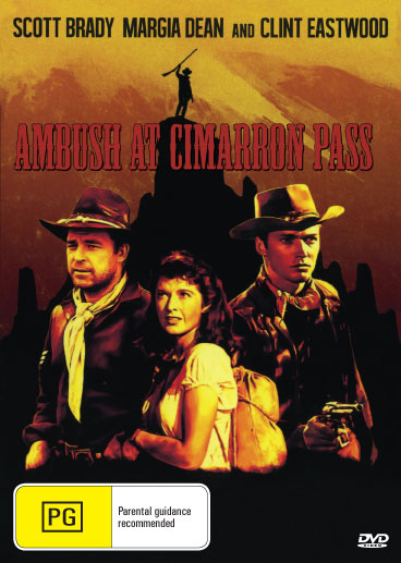 DVD cover of Ambush At Cimarron Pass featuring Scott Brady and Margia Dean, a dramatic Western film.