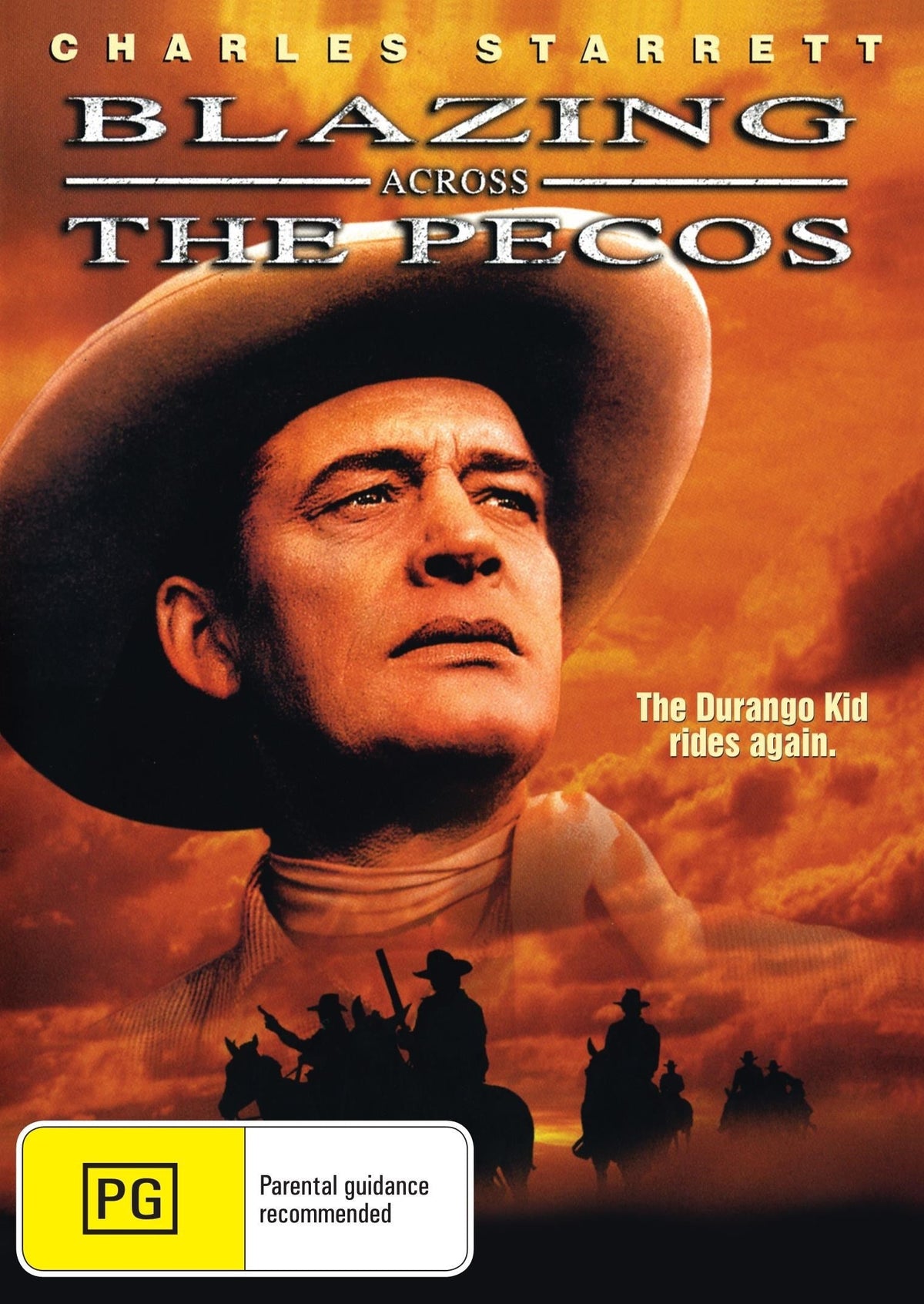 DVD cover of "Blazing Across the Pecos" featuring Charles Starrett and Patricia Barry, Western film with vintage Western artwork.