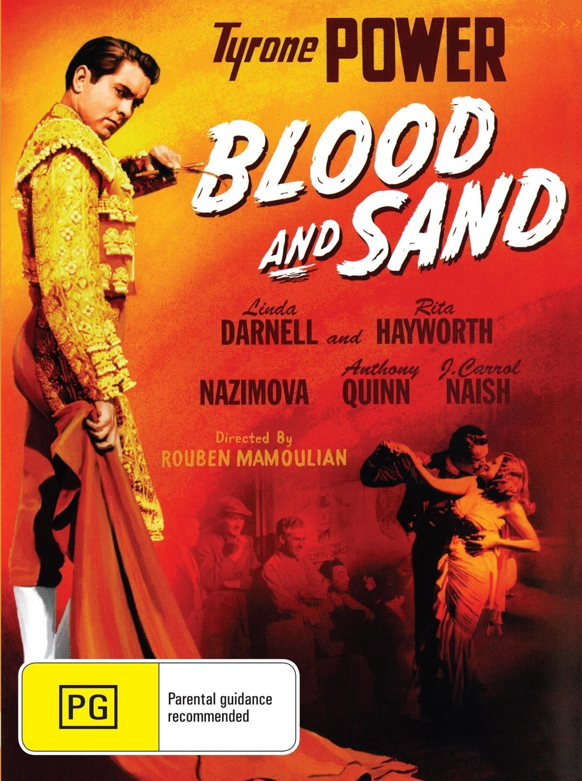 Blood and Sand DVD featuring Tyrone Power and Linda Darnell, depicting a classic sports drama with film posters on the cover