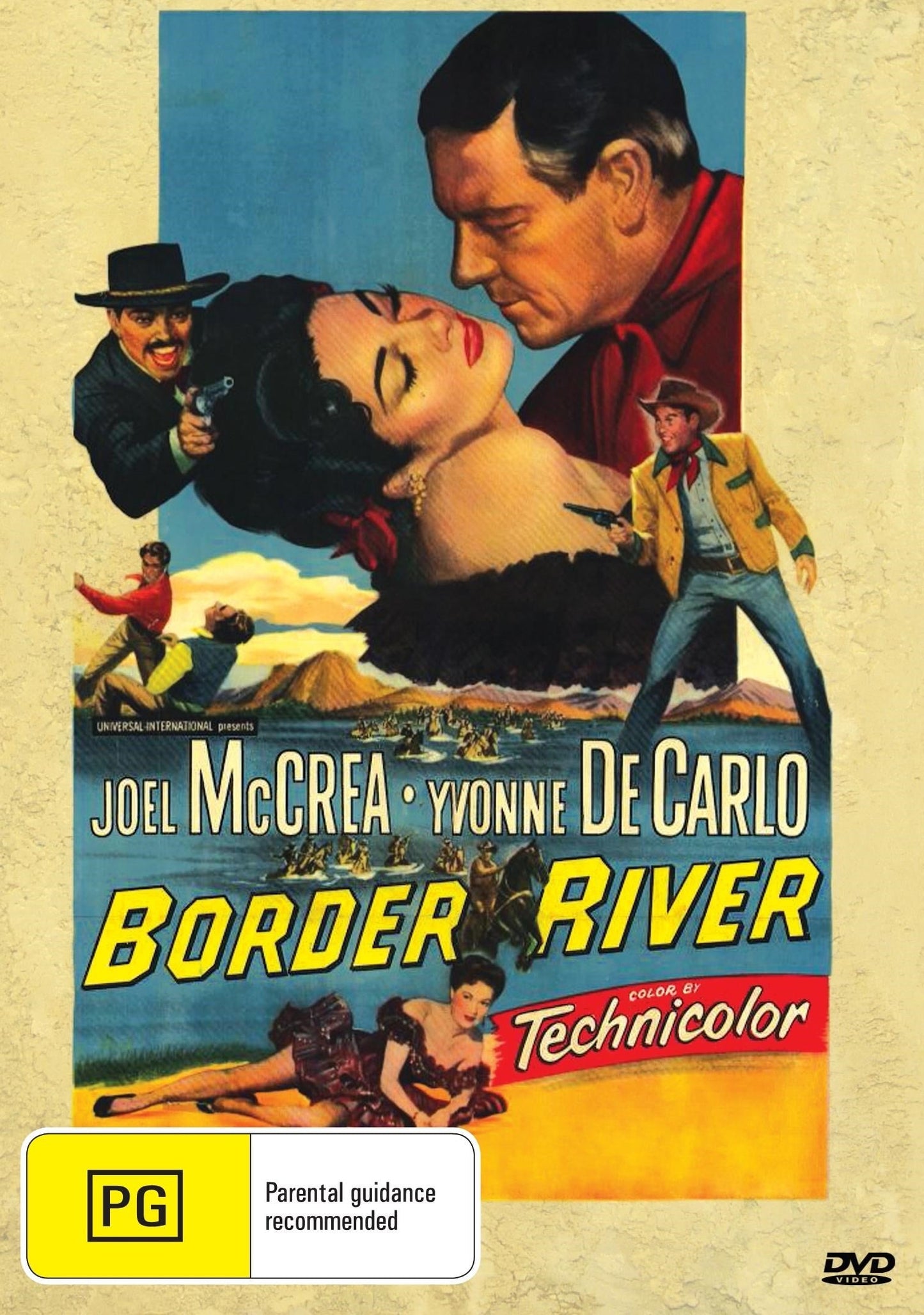 Western DVD Border River featuring Joel McCrea and Yvonne De Carlo, with cover art showing the movie scene and title.