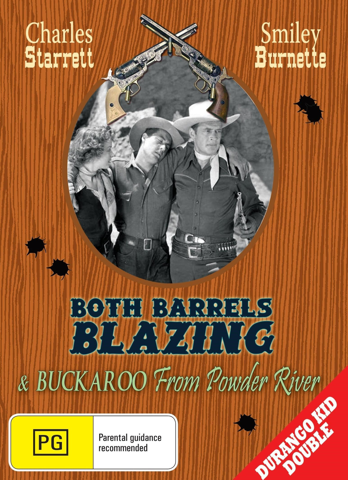 Western DVD titled Both Barrels Blazing featuring Charles Starrett and Tex Harding, showing a vintage movie scene.