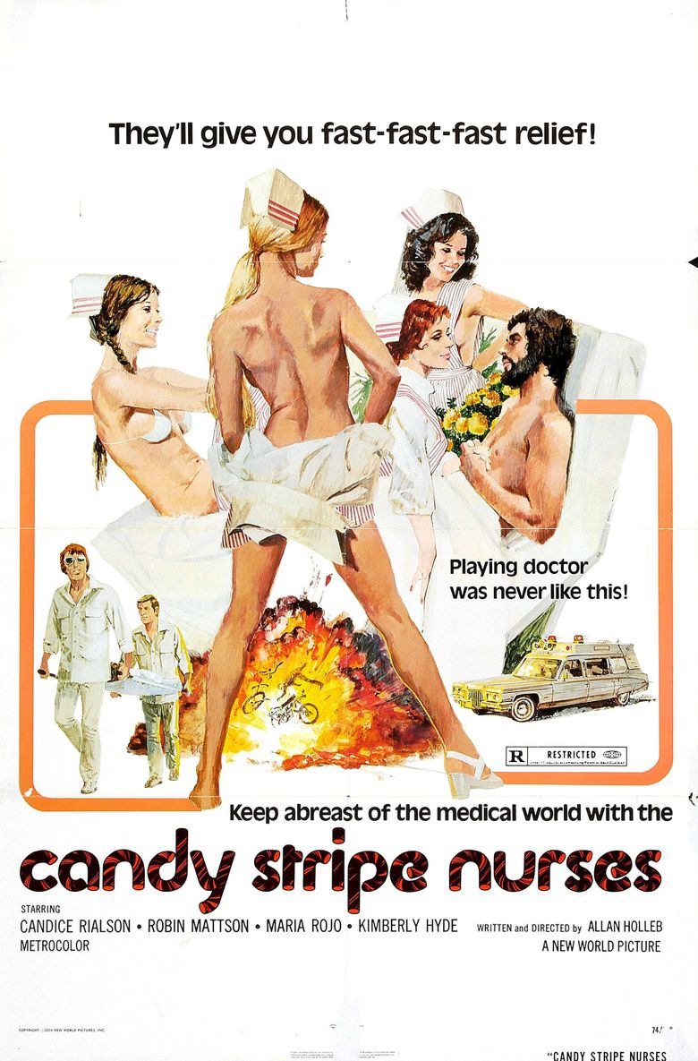 Candy Stripe Nurses DVD featuring Candice Rialson and Robin Mattson, comedy film with colorful nurse costumes and vintage style.
