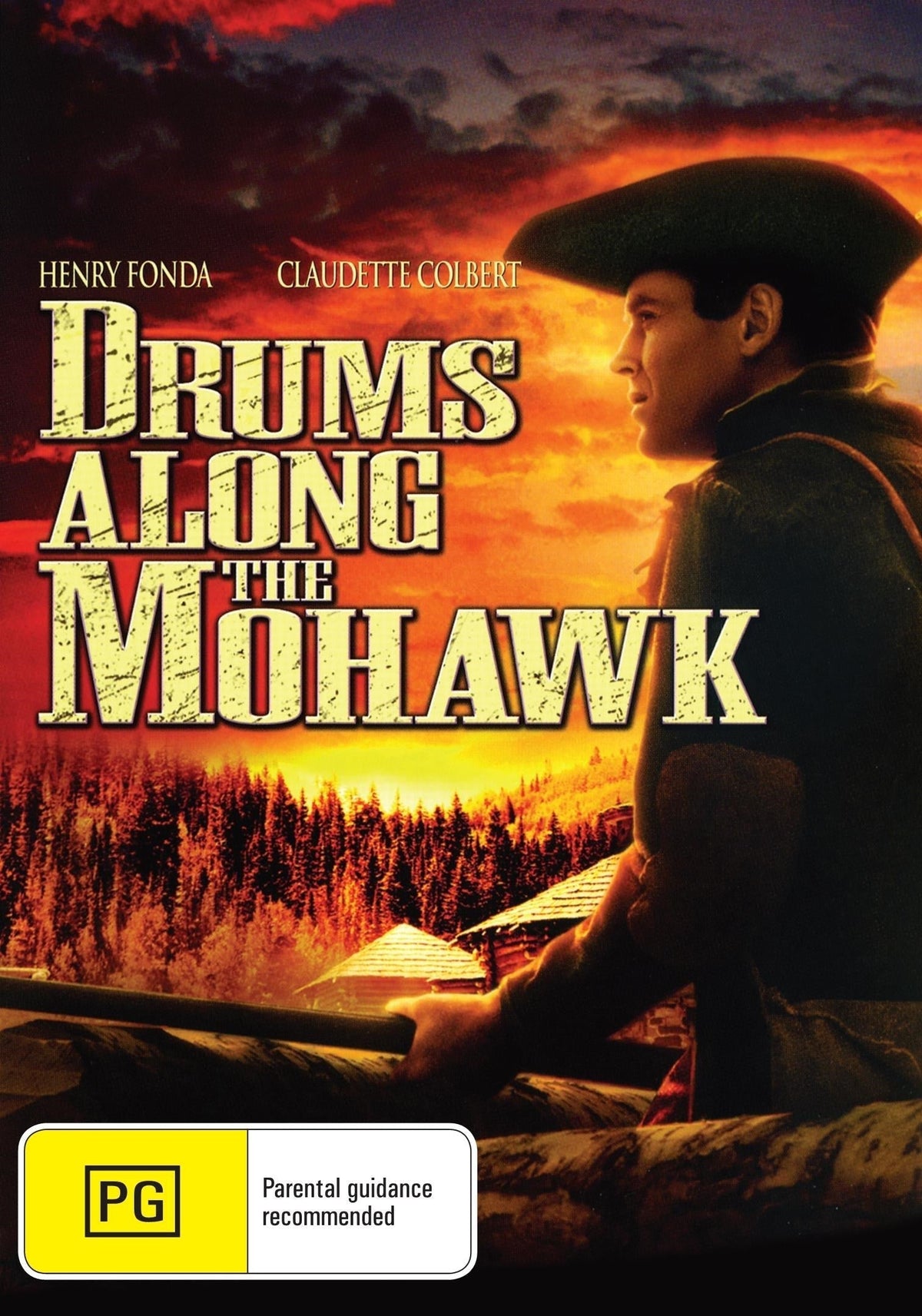 DVD cover of "Drums Along the Mohawk" featuring Claudette Colbert and Henry Fonda, a classic drama film.