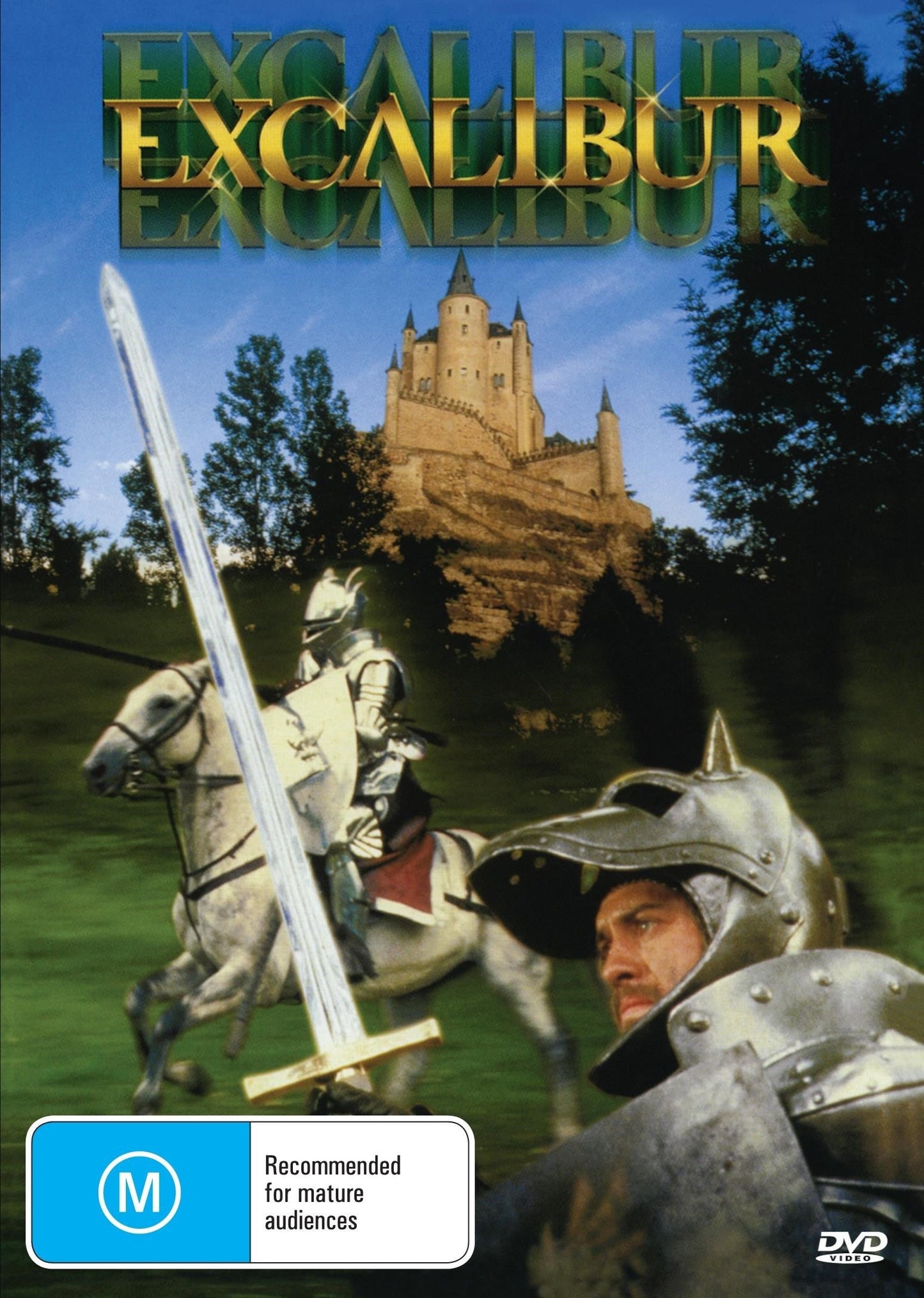 DVD cover of the drama film Excalibur featuring Nigel Terry and Helen Mirren, showing the movie title and key cast.