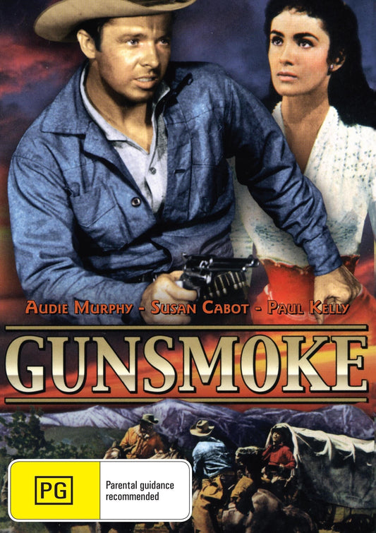 Gunsmoke on DVD featuring Audie Murphy and Susan Cabot, Western movie with vintage cover art, collectible film DVD.