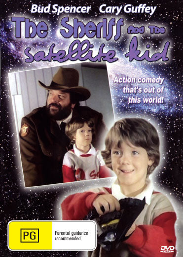 DVD cover of "The Sheriff and The Satellite Kid" featuring action scenes with Bud Spencer and Raimund Harmstorf.