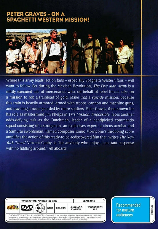 The 5-Man Army DVD featuring action scenes with Bud Spencer and Peter Graves from Timeless Classic DVD.