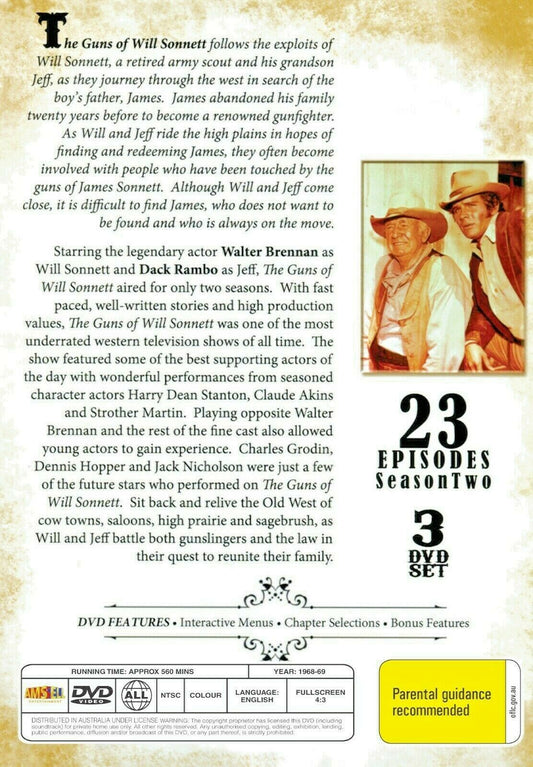 DVD cover for The Guns of Will Sonnett Season 2, Western TV series featuring Walter Brennan and Dack Rambo on Timeless Classic DVD