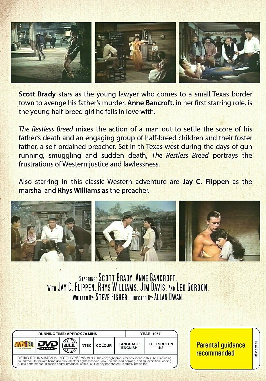 Western movie DVD featuring Scott Brady and Anne Bancroft, titled The Restless Breed, from Timeless Classic DVD.