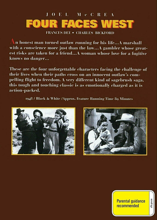 Four Faces West DVD featuring Western movie with Joel McCrea and Frances Dee, classic film from Timeless Classic DVD collection.