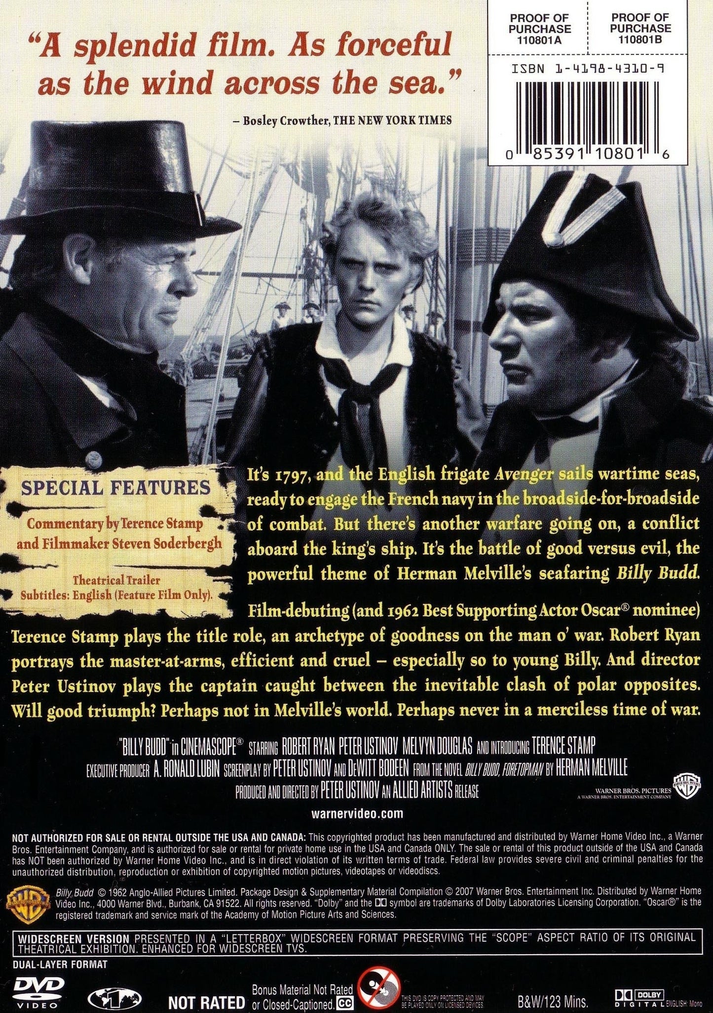 Billy Budd DVD featuring Robert Ryan and Peter Ustinov, adventure and war film with vintage cover art.
