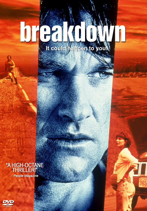 Screenshot from the movie "Breakdown" on DVD featuring Kurt Russell and J.T. Walsh, showing scenes from the action film.