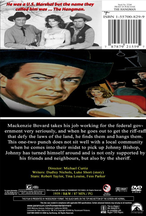 DVD cover of "The Hangman" drama movie featuring Robert Taylor and Tina Louise, from FilmClassicsOnDVD collection.