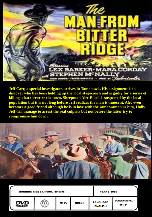DVD cover of "The Man from Bitter Ridge," a drama featuring Lex Barker and Mara Corday, from FilmClassics on DVD.