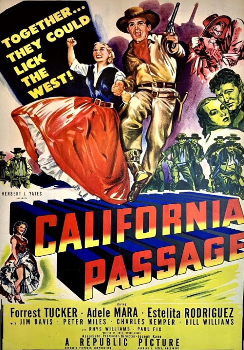 Screenshot from California Passage DVD, a drama film featuring Forrest Tucker and Adele Mara, showcasing a scene from the movie.