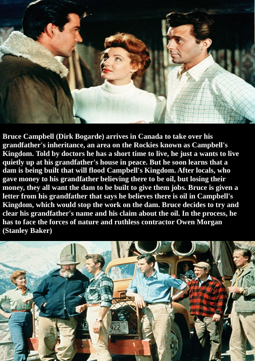 Screenshot from Campbell's Kingdom DVD featuring Dirk Bogarde and Stanley Baker, showcasing adventure movie cover art.