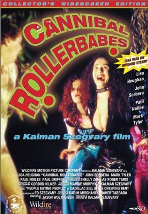 Screenshot from Cannibal Rollerbabes DVD, a comedy film by John Sorbera and Mark Tyler, showing characters in a humorous scene.