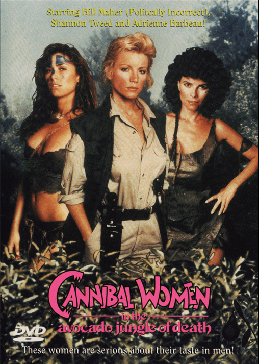Screenshot from Cannibal Women in the Avocado Jungle of Death DVD, featuring Shannon Tweed in an action movie scene.