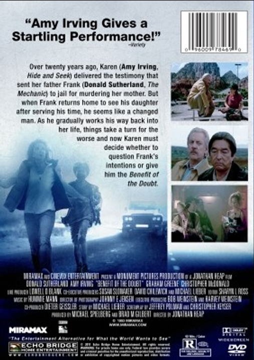 DVD cover of "Benefit of the Doubt" thriller featuring Donald Sutherland and Amy Irving, from FilmClassicsOnDVD.