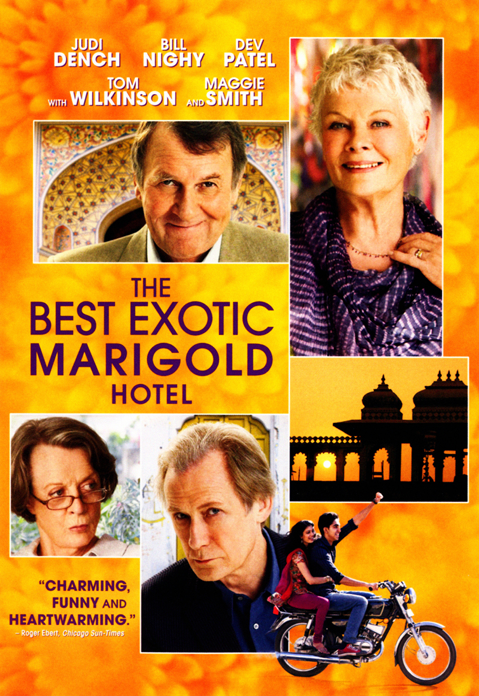 Screenshot from The Best Exotic Marigold Hotel DVD, a comedy film starring Judi Dench and Bill Nighy, featuring vibrant scenes.