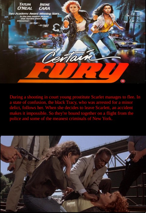 Screenshot from the action movie "Certain Fury" DVD featuring Tatum O'Neal and Irene Cara, with movie title visible on the cover.