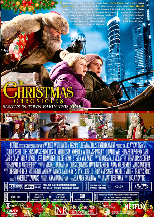 Screenshot from The Christmas Chronicles DVD featuring Kurt Russell as Santa and Darby Camp in a festive adventure scene.