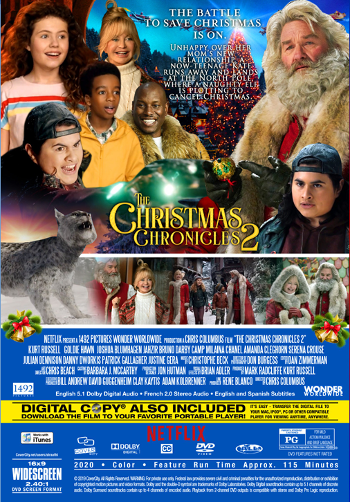 Screenshot from The Christmas Chronicles Part Two DVD featuring Kurt Russell and Goldie Hawn in an adventure movie scene.