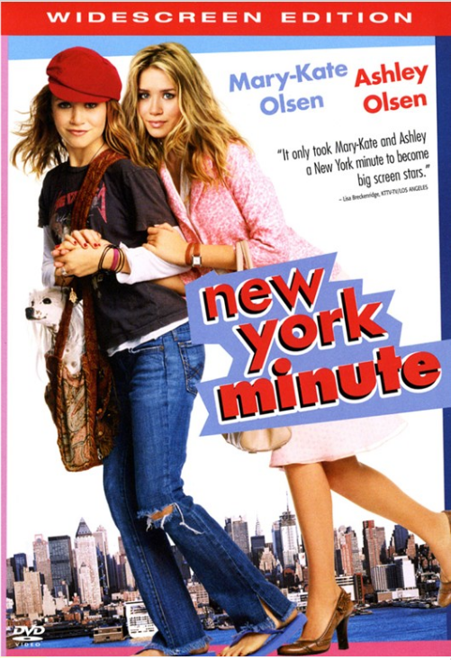 Screenshot from the DVD cover of "New York Minute," a family comedy movie starring Mary-Kate and Ashley Olsen on a DVD.