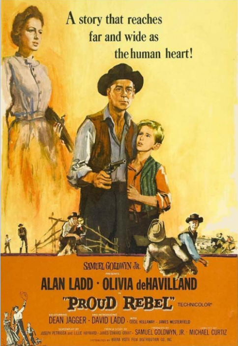 Screenshot from The Proud Rebel DVD featuring Western film stars Alan Ladd and Olivia De Havilland. Classic movie scene.