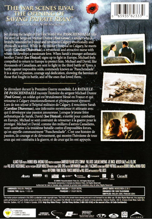 Passchendaele DVD and download cover featuring Paul Gross and Michael Greyeyes from the war film, with a battlefield scene in the background.