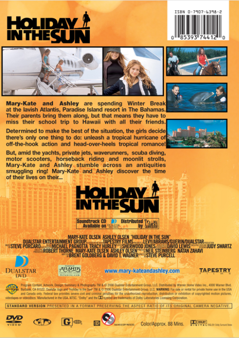 Back cover of the DVD release for the movie 'Holiday in the Sun' featuring cast photos, synopsis text, and product logos on a yellow-orange background.