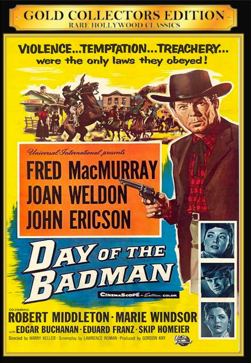 Screenshot from the Western DVD "Day of the Badman" starring Fred MacMurray and Joan Weldon, showing a scene from the film.