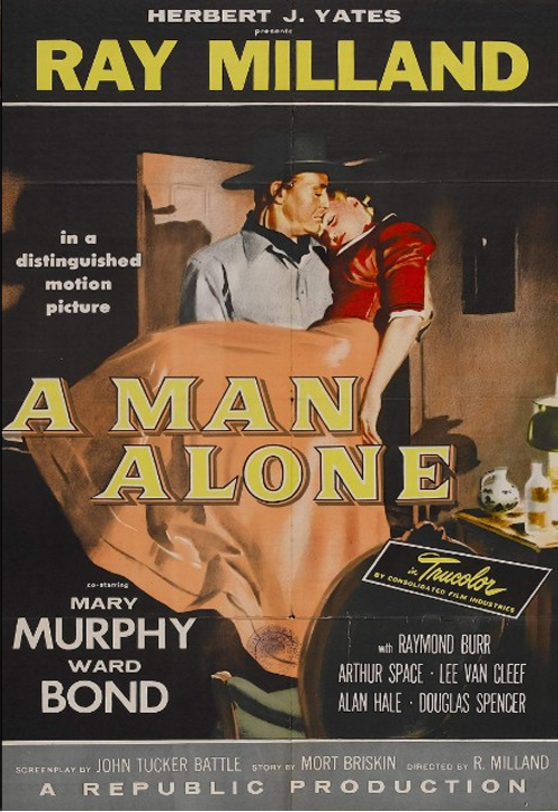 Screenshot from the Western DVD "A Man Alone" starring Ray Milland and Mary Murphy, showing a man in a rugged outdoor setting.