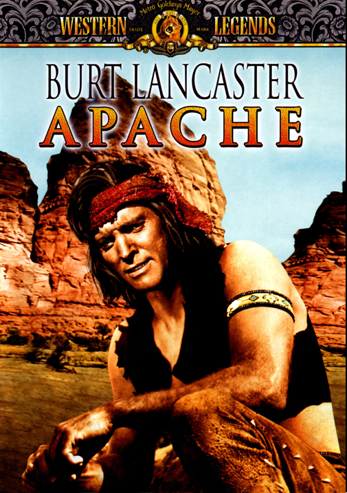 Screenshot from the Western movie "Apache" on DVD starring Burt Lancaster and Jean Peters, featuring a desert scene with cowboys.