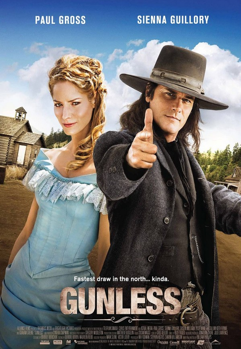 Screenshot from the comedy DVD Gunless featuring Paul Gross and Sienna Guillory, showing the movie cover art.