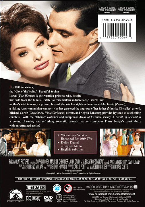 Screenshot from the DVD "A Breath of Scandal" featuring Sophia Loren and Maurice Chevalier in a dramatic film scene.