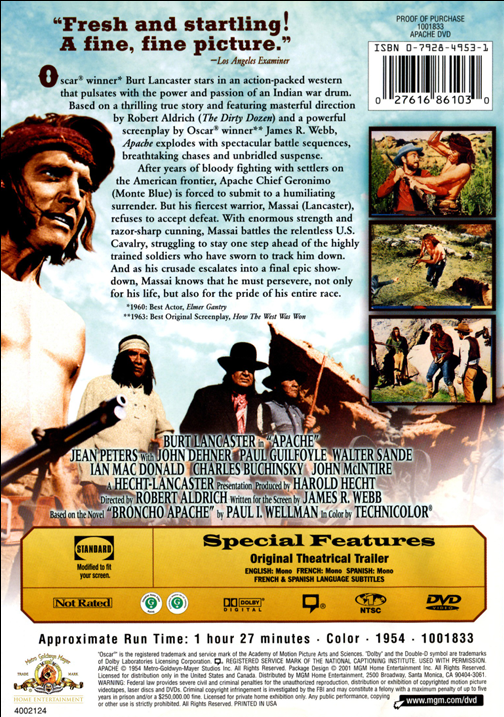 Apache on DVD, Western,  Burt Lancaster, Jean Peters