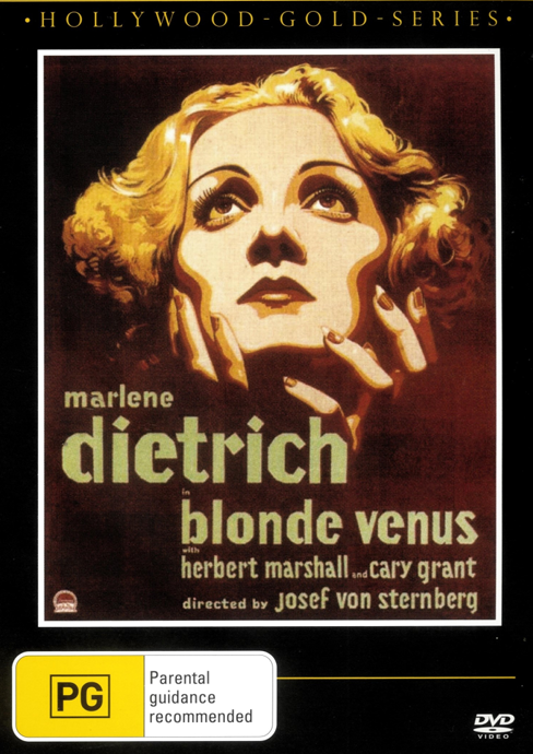 Screenshot from the Blonde Venus DVD featuring Marlene Dietrich and Cary Grant in a dramatic scene from the classic film.