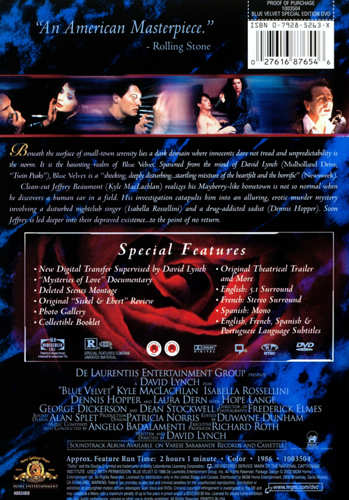 Blue Velvet DVD featuring crime drama with Isabella Rossellini and Kyle MacLachlan, showcasing the movie cover art.