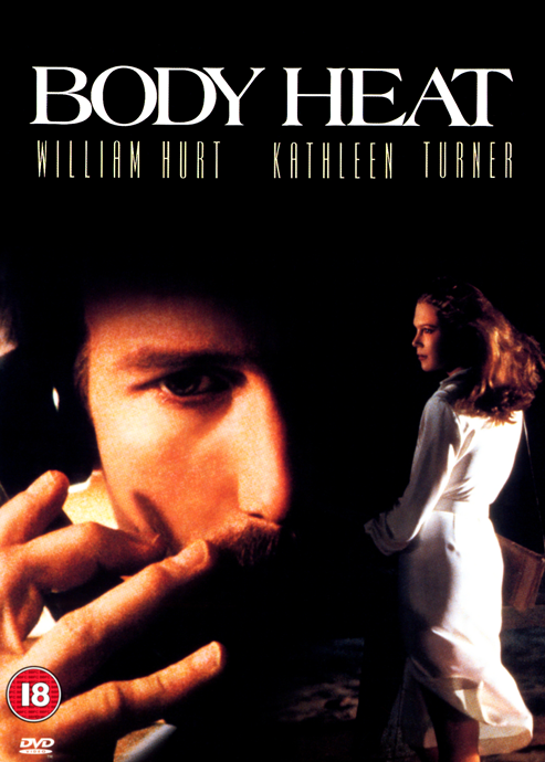 DVD cover for "Body Heat" drama movie featuring William Hurt and Kathleen Turner, with dramatic artwork and film title.