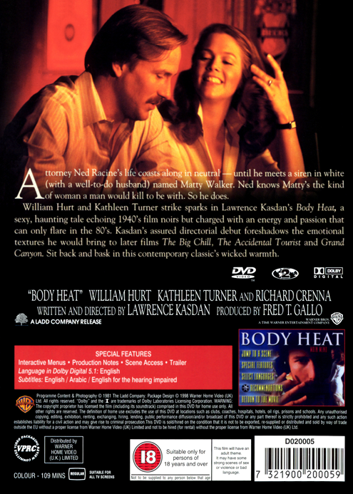 Screenshot from the Body Heat DVD featuring William Hurt and Kathleen Turner in a dramatic scene from the FilmClassicsonDVD collection.