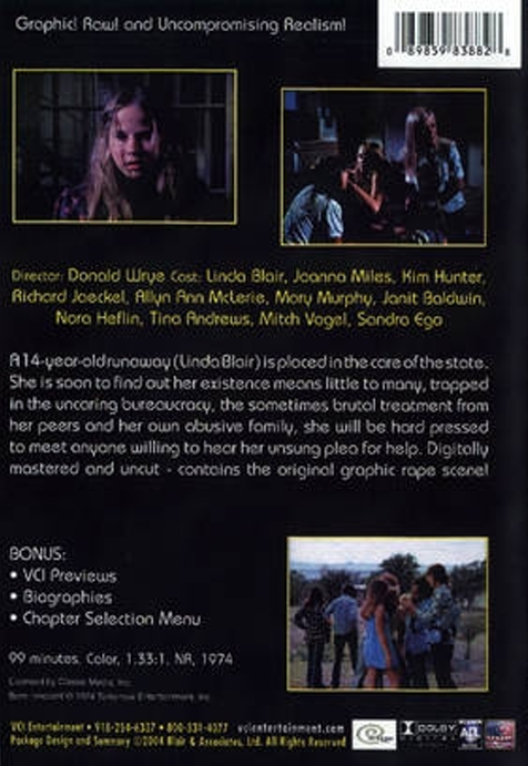 DVD cover of "Born Innocent" drama starring Linda Blair and Joanna Miles, with a scene from the movie on a film DVD.